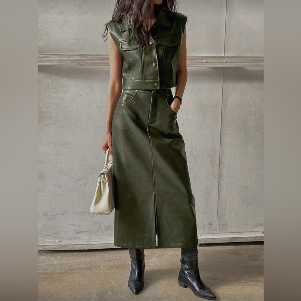 SOLD - Olive Green Two Piece Leather Set